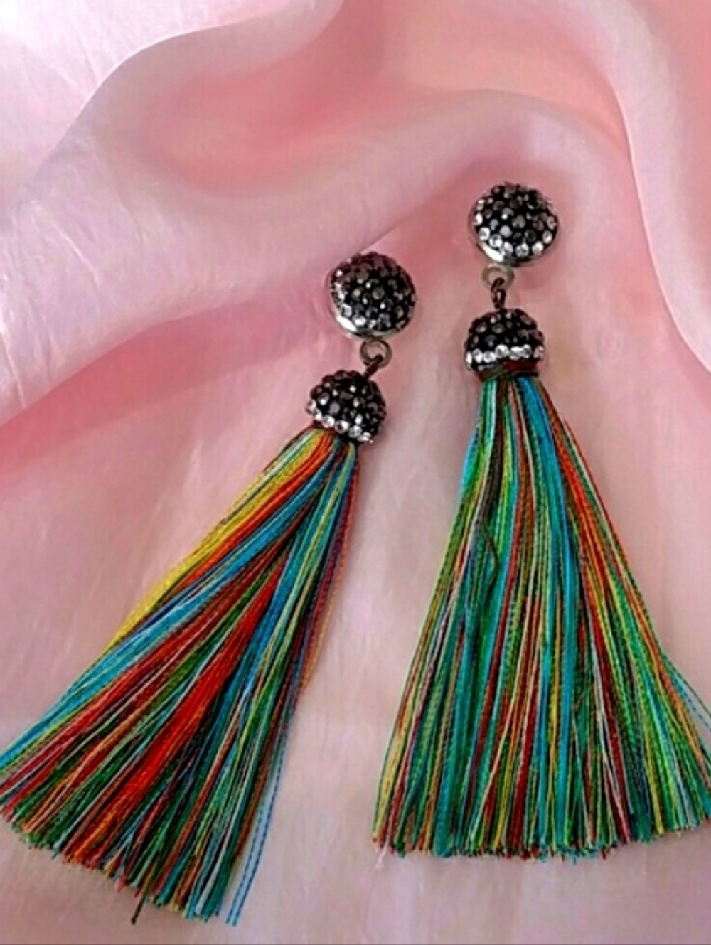 Multicolor Silk Tassel Dedigner Dangling Earrings/Crystals Studs Pave Crystals